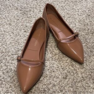 Tamara Mellon Tan Pointed-Toe Flats with Vamp Detail